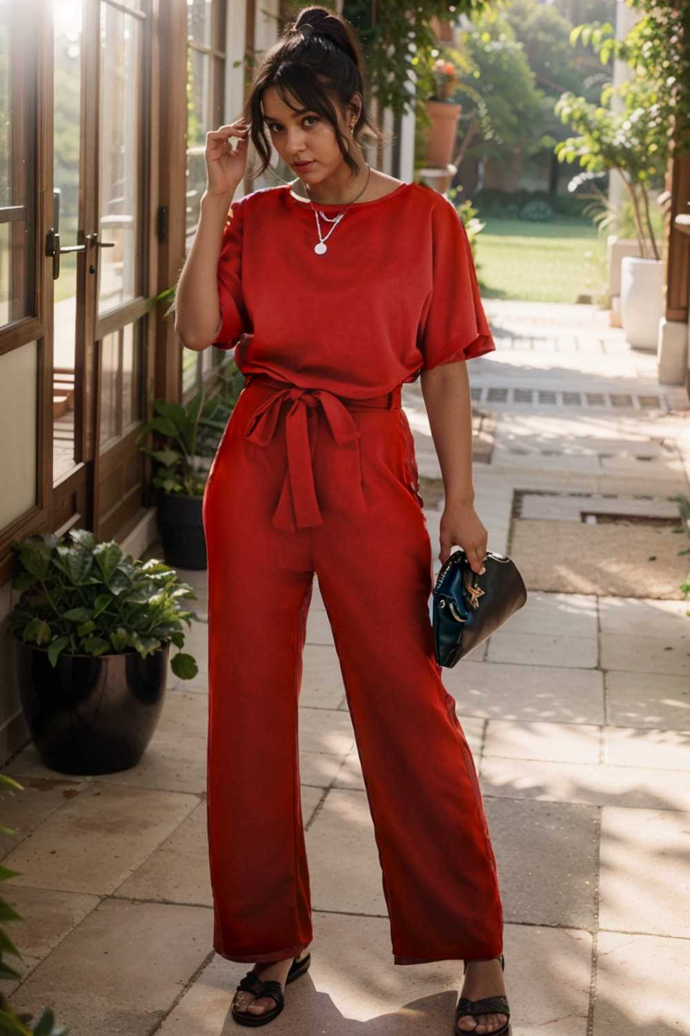solid five point sleeve belted wide leg jumpsuit 110635