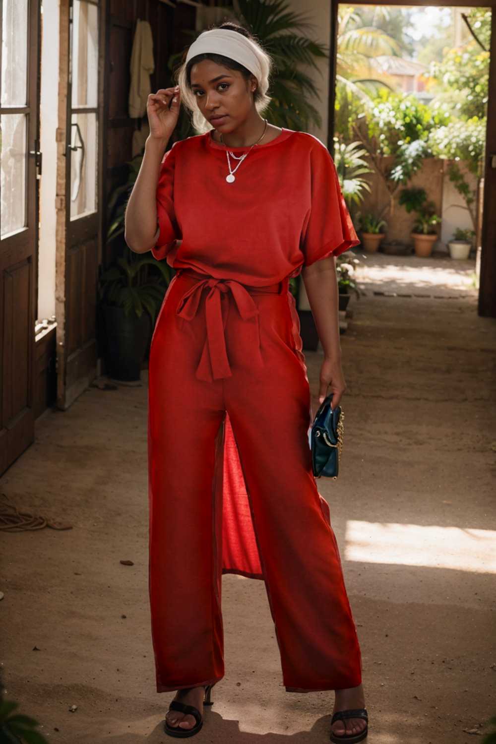 solid five point sleeve belted wide leg jumpsuit 110634