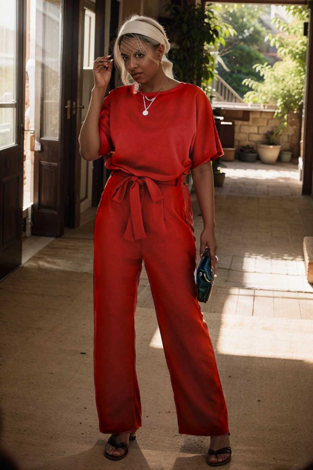 solid five point sleeve belted wide leg jumpsuit 105659