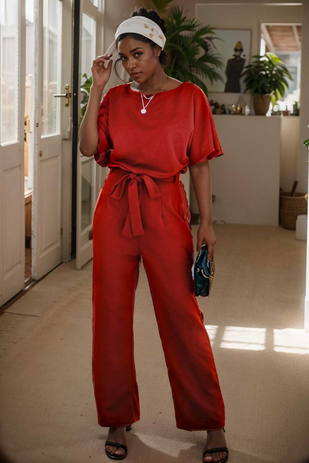 solid five point sleeve belted wide leg jumpsuit 110633