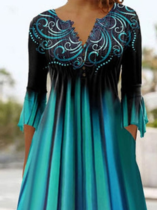 Women's Dress - Casual Dress Summer Dress Print Dress Stripe Ombre Pleated Print V Neck Midi Dress Fashion Classic Outdoor Daily 3/4 Length Sleeve Regular Fit Purple Green Dark Blue Summer Spring S M L XL XXL