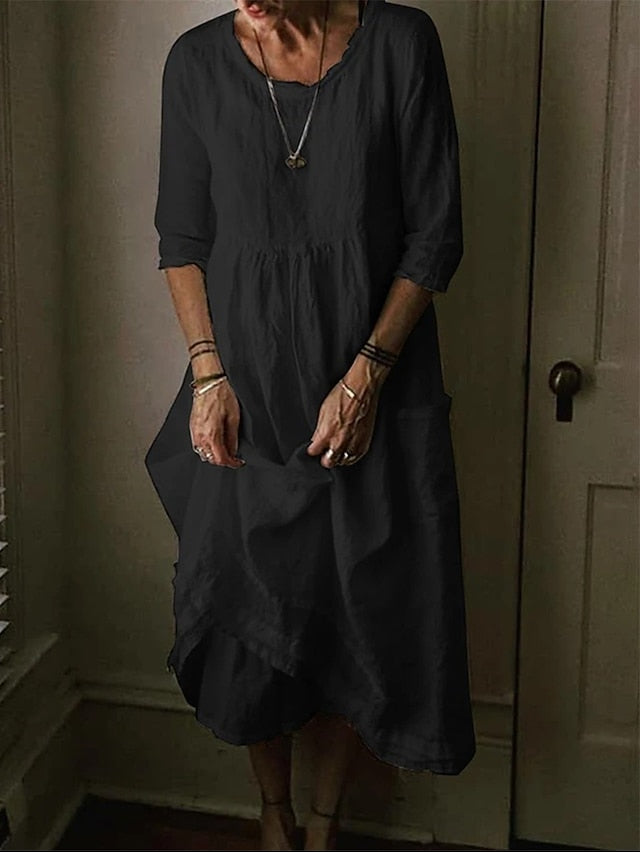 Women's Cotton Linen Dress Casual Dress Maxi long Dress Cotton Basic Casual Outdoor Daily Vacation Crew Neck Pocket Half Sleeve Summer Spring 2023 Loose Fit Black Yellow Blue Plain S M L XL 2XL - LuckyFash™