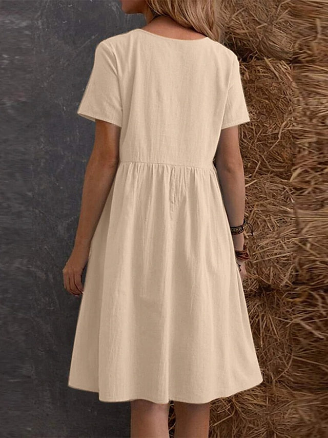 Women's Casual Dress Cotton Linen Dress Maxi long Dress Linen / Cotton Blend Fashion Street Style Daily Date Weekend Crew Neck Ruffle Pocket Short Sleeve Summer 2023 Regular Fit claret Black Yellow - LuckyFash™