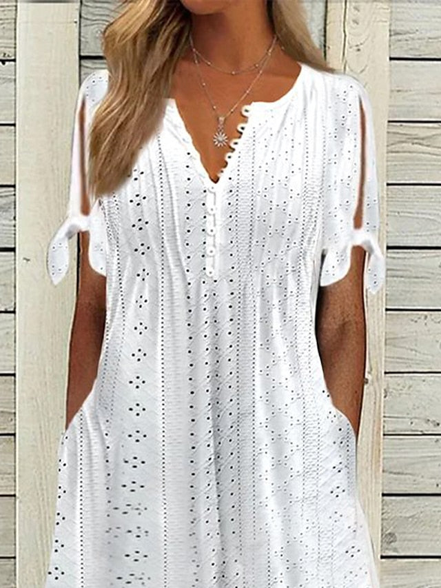 Women's Casual Dress Summer Dress Pleated Dress Plain Lace Ruched V Neck Midi Dress Fashion Elegant Outdoor Daily Short Sleeve Loose Fit White Pink Blue Summer Spring S M L XL XXL - LuckyFash™