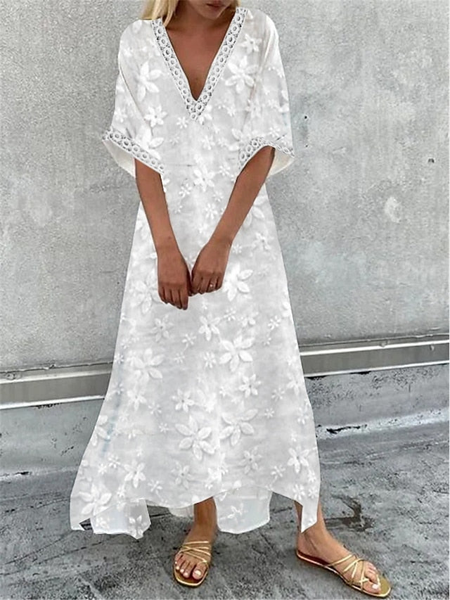 Women's Casual Dress Cotton Linen Dress Swing Dress Maxi long Dress Cotton Blend Fashion Modern Outdoor Daily Deep V Lace Patchwork Half Sleeve Summer Spring Fall 2023 Loose Fit White Floral Plain S - LuckyFash™