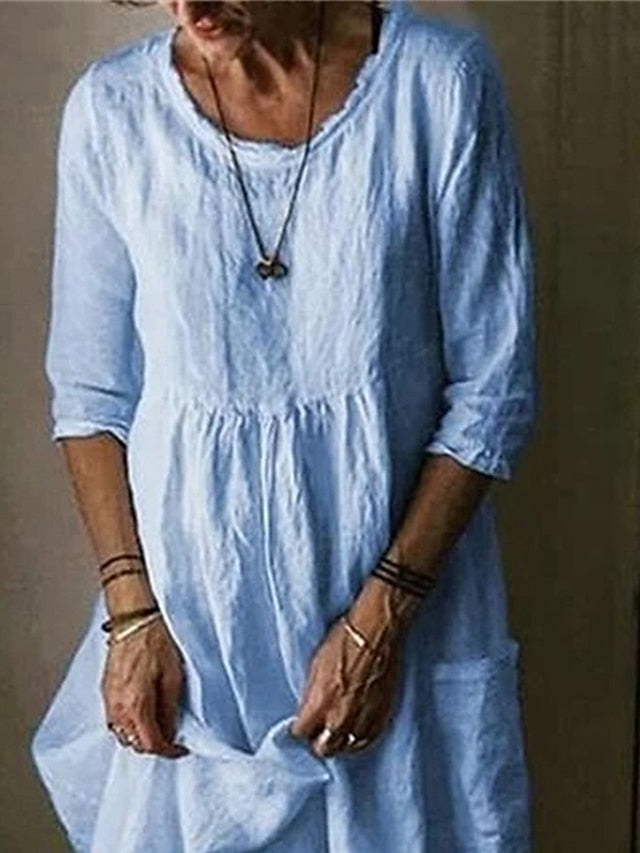 Women's Cotton Linen Dress Casual Dress Maxi long Dress Cotton Basic Casual Outdoor Daily Vacation Crew Neck Pocket Half Sleeve Summer Spring 2023 Loose Fit Black Yellow Blue Plain S M L XL 2XL - LuckyFash™