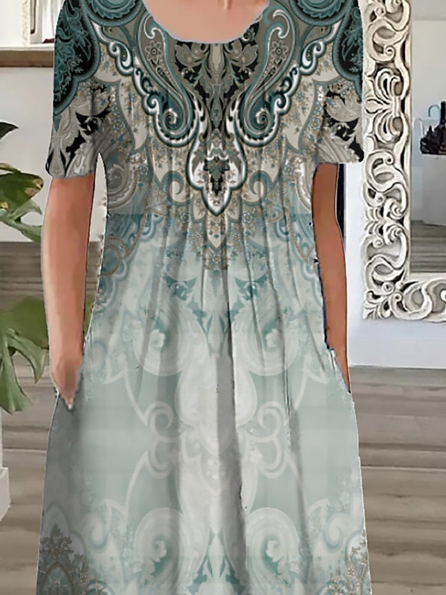 Women's Long Dress Maxi Dress Casual Dress Ethnic Dress A Line Dress Graphic Tribal Romantic Casual Holiday Vacation Weekend Ruched Pocket Short Sleeve Crew Neck Dress Regular Fit Pink Blue Dark Blue - LuckyFash™