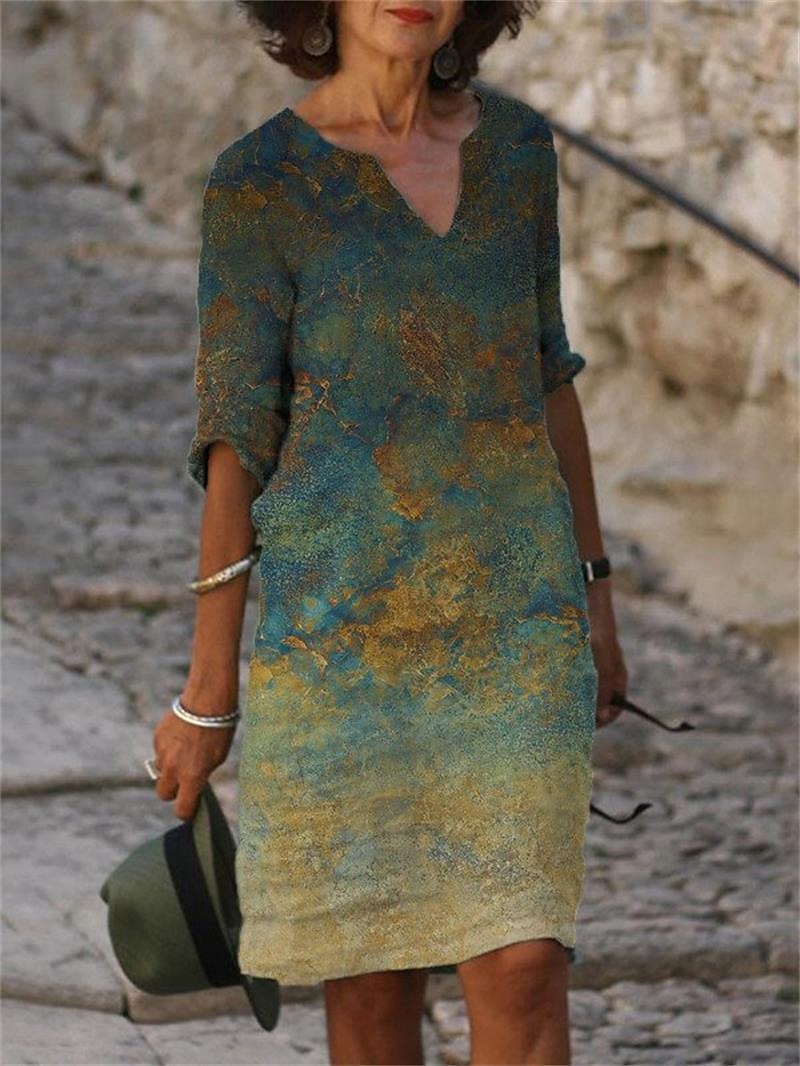 Women's Casual Dress Shift Dress Midi Dress fluorescent yellow khaki Half Sleeve Abstract Print Summer Spring V Neck Vintage 2023 S M L XL XXL XXXL 4XL 5XL
