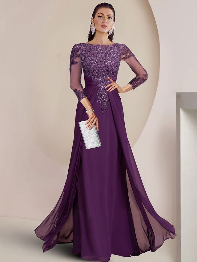 Sheath / Column Mother of the Bride Dress Formal Wedding Guest Elegant Sparkle & Shine Jewel Neck Asymmetrical Floor Length Chiffon Lace 3/4 Length Sleeve with Sequin Appliques 2023 - LuckyFash™