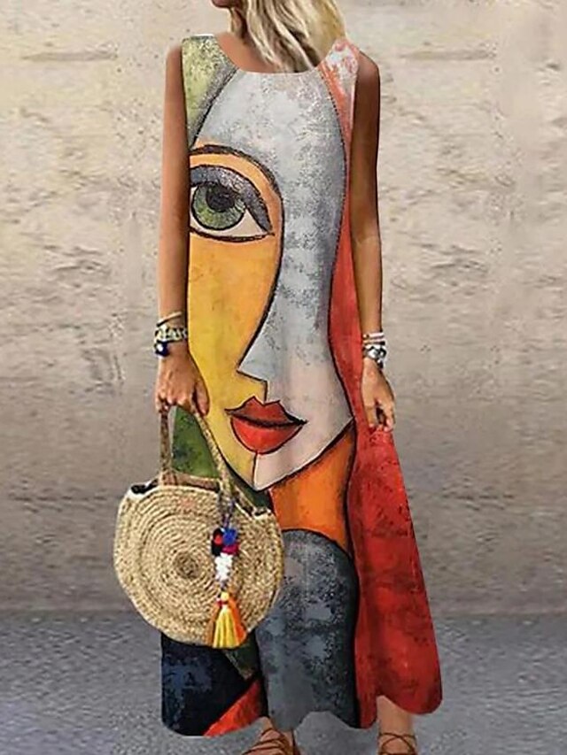 Women's Casual Dress Shift Dress Long Dress Maxi Dress Blue Purple Yellow Sleeveless Color Block Print Spring Summer Crew Neck Modern Daily Vacation Summer Dress Regular Fit 2023 S M L XL XXL 3XL - LuckyFash™