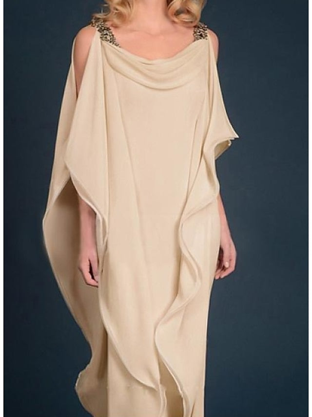 Sheath / Column Mother of the Bride Dress Plus Size Elegant Jewel Neck Floor Length Chiffon Half Sleeve with Beading Cascading Ruffles 2023 - LuckyFash™