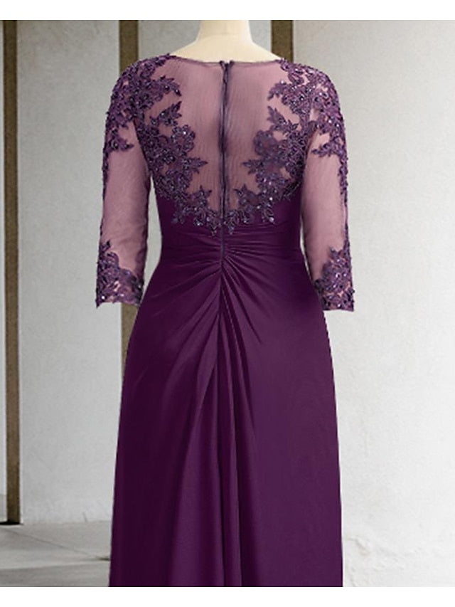 Sheath / Column Mother of the Bride Dress Formal Wedding Guest Elegant Sparkle & Shine Jewel Neck Asymmetrical Floor Length Chiffon Lace 3/4 Length Sleeve with Sequin Appliques 2023 - LuckyFash™