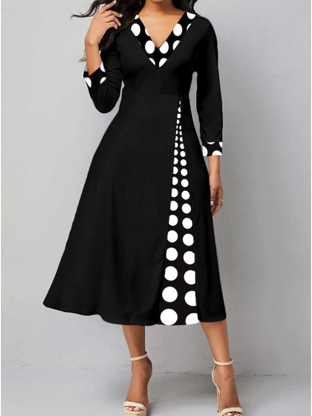 Women's Dress - Casual Dress Work Dress Church Dress Midi Dress Black 3/4 Length Sleeve Polka Dot Ruched Winter Fall Spring V Neck Modern Winter Dress Office Daily 2023 S M L XL XXL