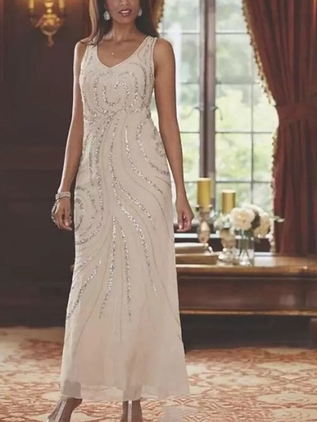 Two Piece Sheath / Column Mother of the Bride Dress Wedding Guest Sparkle & Shine Elegant V Neck Ankle Length Chiffon Sequined Long Sleeve with Sequin 2023 - LuckyFash™