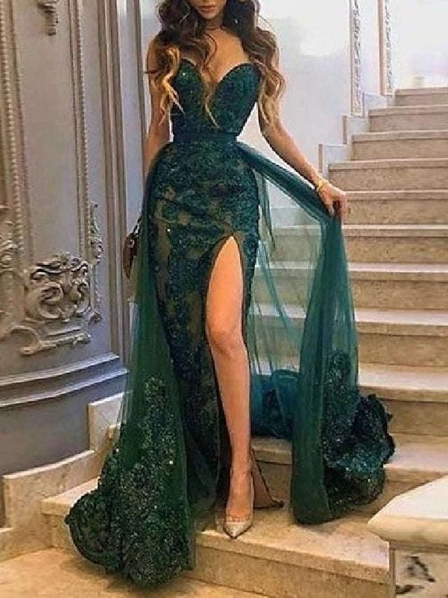 Mermaid / Trumpet Prom Dresses Emerald Green Dress Christmas Court Train Sleeveless Strapless Tulle with Slit Appliques 2023 - LuckyFash™