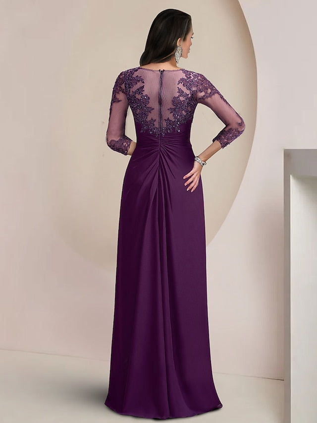 Sheath / Column Mother of the Bride Dress Formal Wedding Guest Elegant Sparkle & Shine Jewel Neck Asymmetrical Floor Length Chiffon Lace 3/4 Length Sleeve with Sequin Appliques 2023 - LuckyFash™
