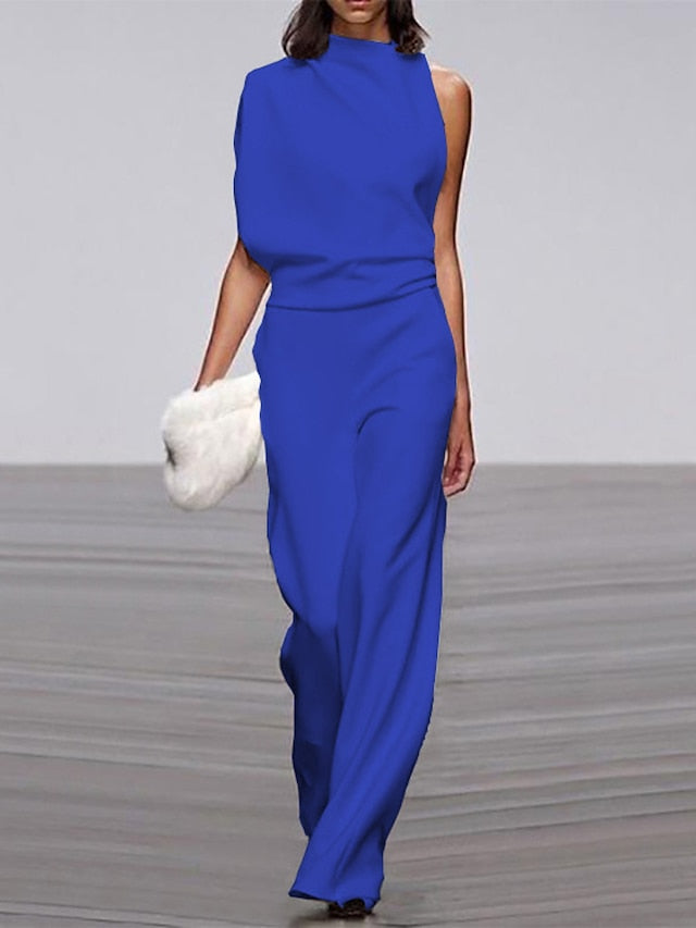 Women‘s Jumpsuit Damen Elegant Lang Hosenanzug One Shoulder Mode Einteiler Weites Bein Casual Overall Einfarbig Baggy Sexy Formal Work Playsuit Romper - LuckyFash™