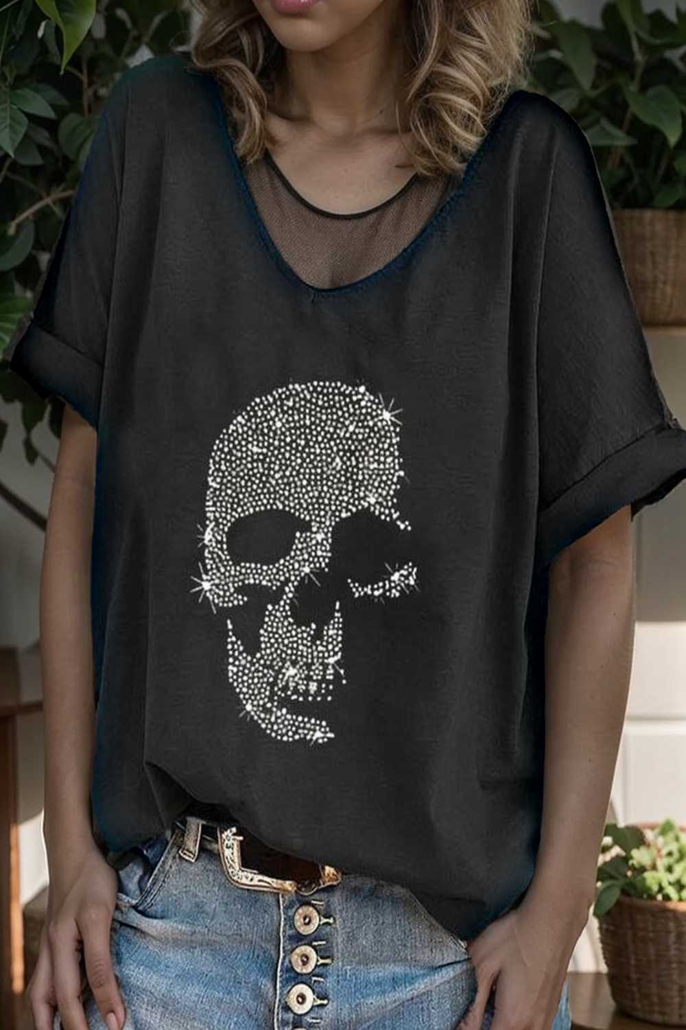 v neck skull print loose short sleeve t shirt 105626