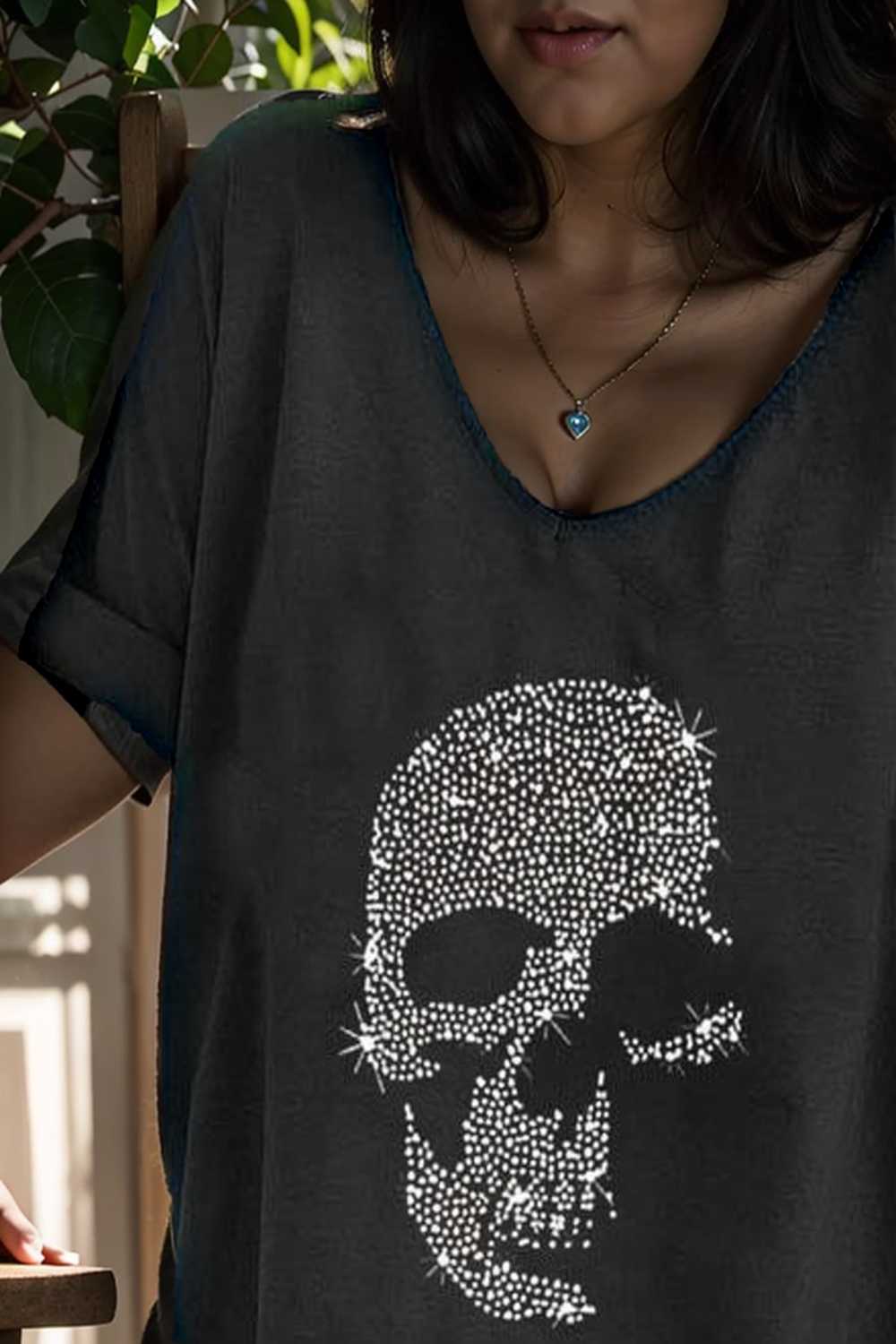 v neck skull print loose short sleeve t shirt 105616
