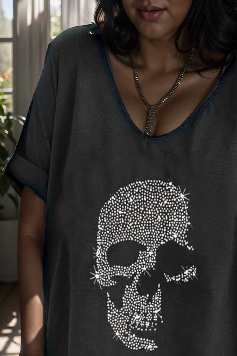 v neck skull print loose short sleeve t shirt 108411