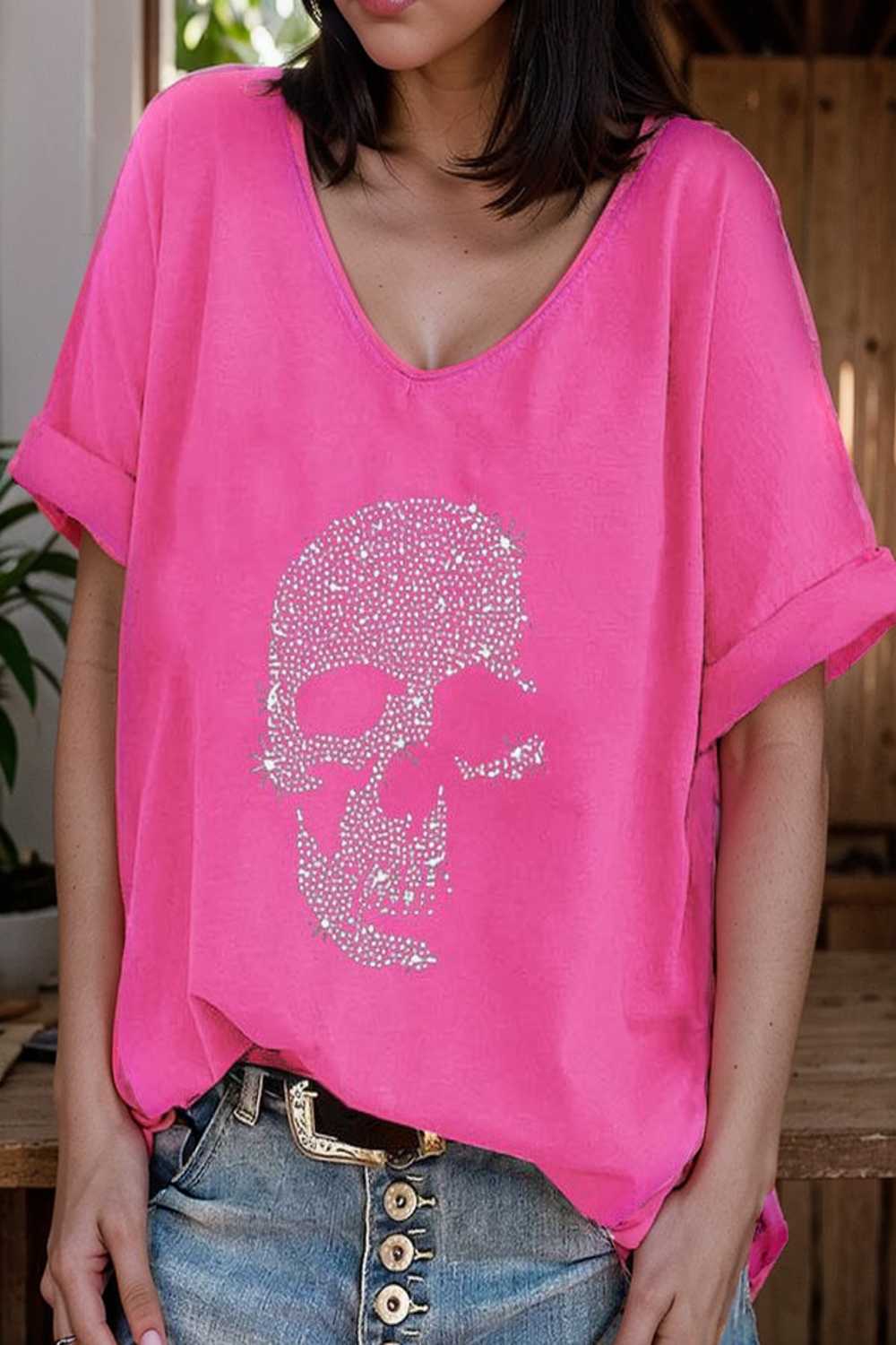 v neck skull print loose short sleeve t shirt 108407