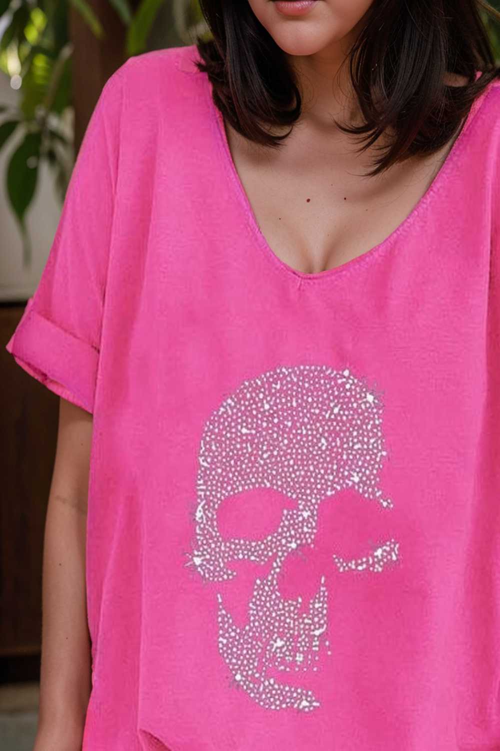 v neck skull print loose short sleeve t shirt 111049