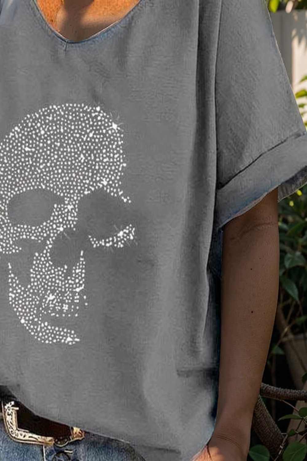 v neck skull print loose short sleeve t shirt 108701
