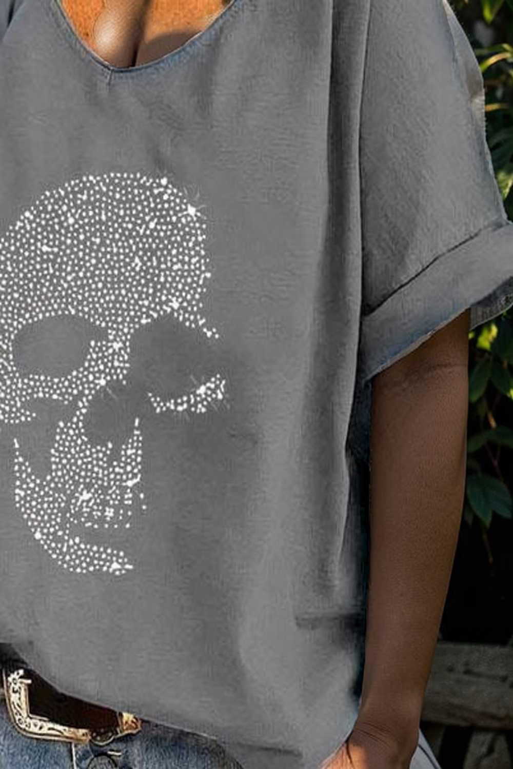 v neck skull print loose short sleeve t shirt 108697