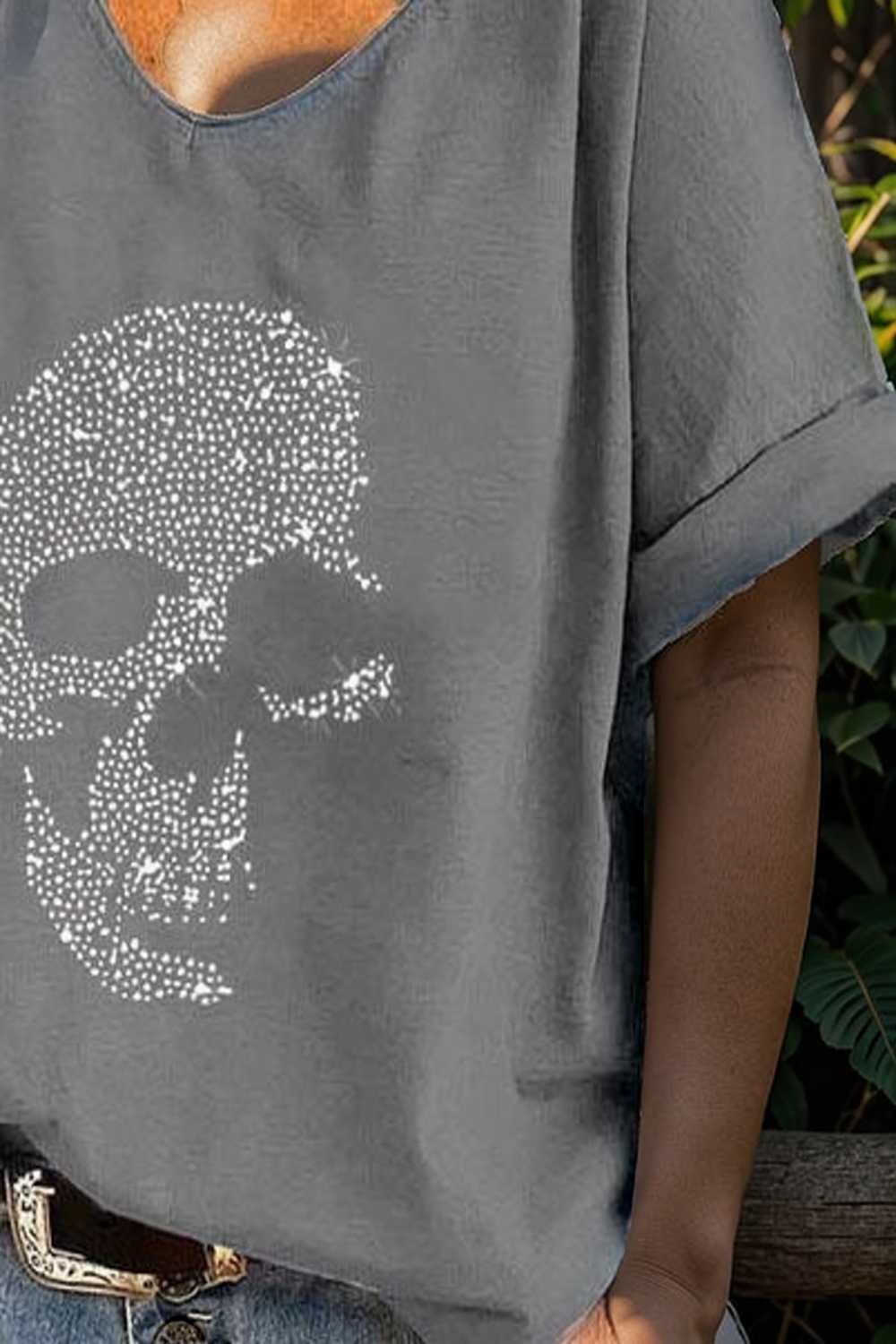 v neck skull print loose short sleeve t shirt 108695