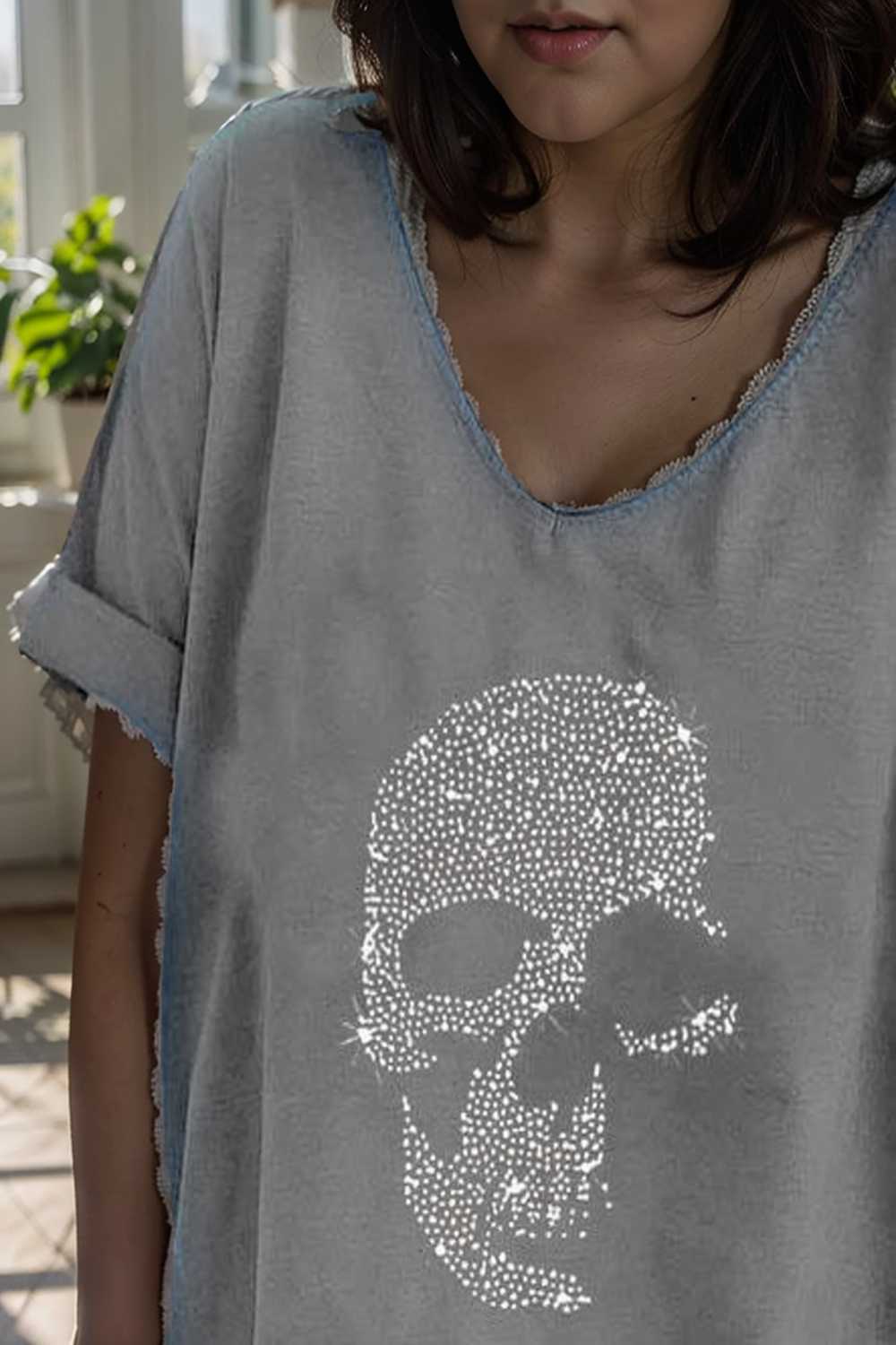 v neck skull print loose short sleeve t shirt 111048