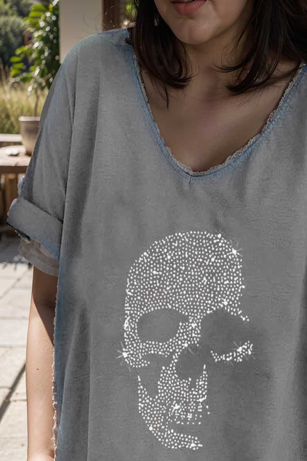 v neck skull print loose short sleeve t shirt 108694