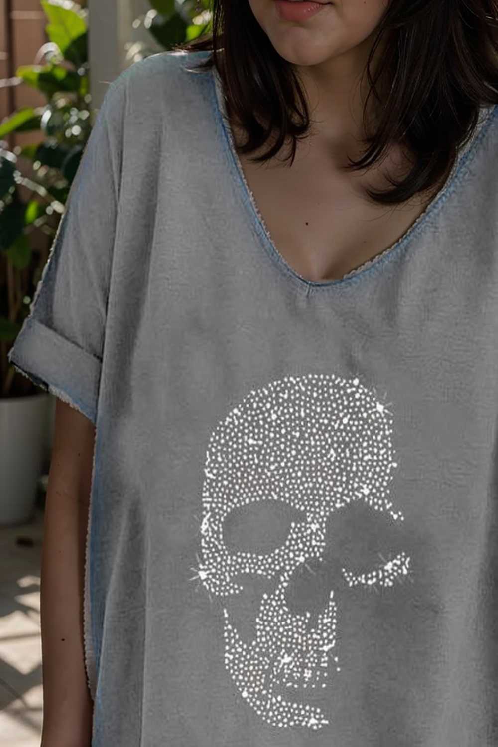 v neck skull print loose short sleeve t shirt 108691