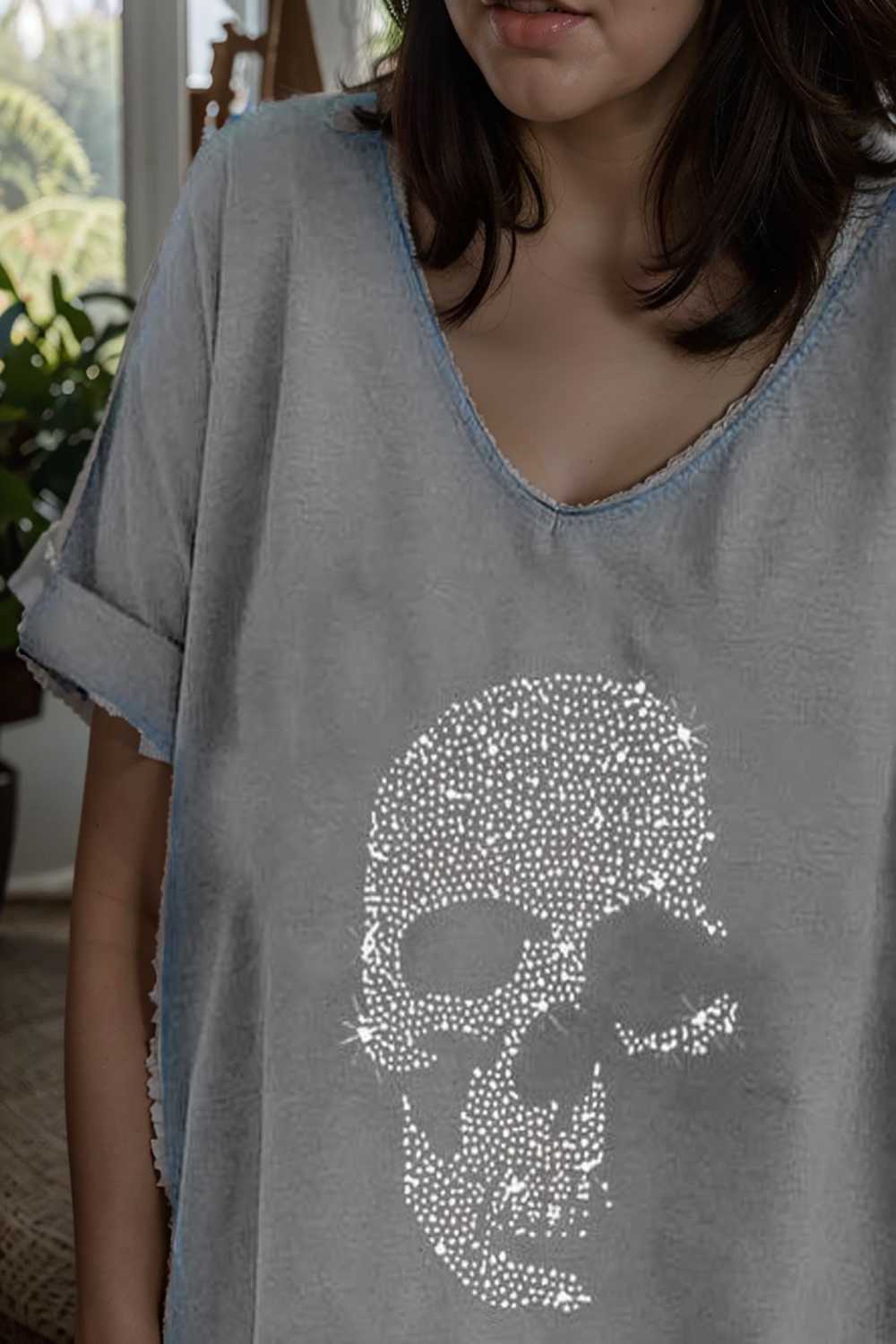 v neck skull print loose short sleeve t shirt 108690