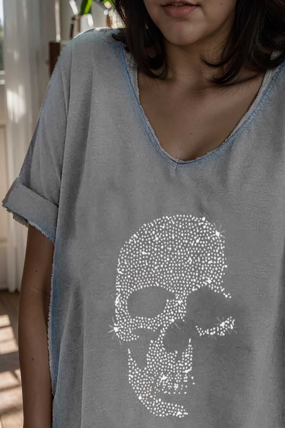 v neck skull print loose short sleeve t shirt 108688