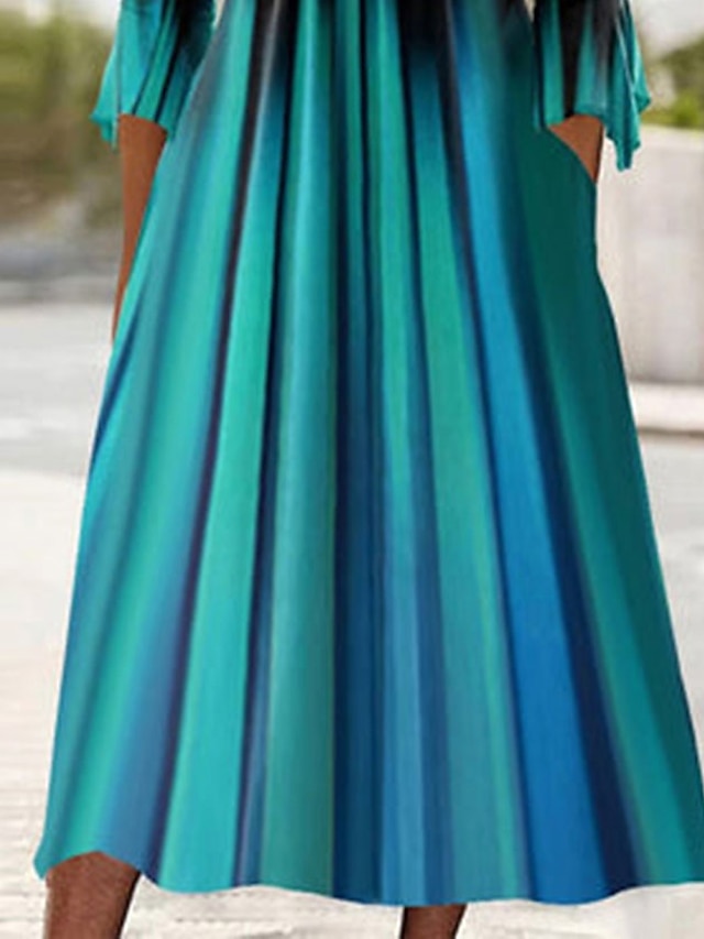 Women's Dress - Casual Dress Summer Dress Print Dress Stripe Ombre Pleated Print V Neck Midi Dress Fashion Classic Outdoor Daily 3/4 Length Sleeve Regular Fit Purple Green Dark Blue Summer Spring S M L XL XXL