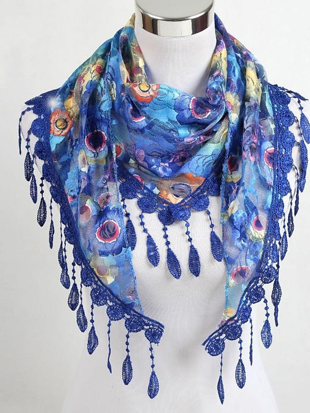 Women's Shawls & Wraps Party Blue Scarf Floral & Long Triangle Tassel Scarf / Basic / Fall / Winter / Spring - LuckyFash™