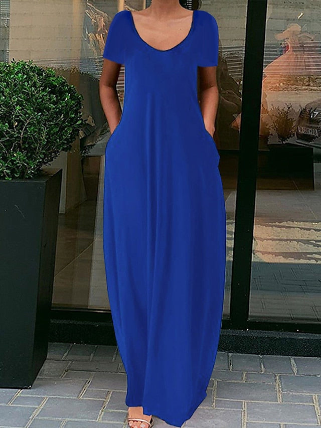 Women's Casual Dress Shift Dress Long Dress Maxi Dress fluorescent green Black Blue Short Sleeve Pure Color Spring Summer Crew Neck Basic Daily Weekend 2023 S M L XL XXL XXXL 4XL 5XL - LuckyFash™