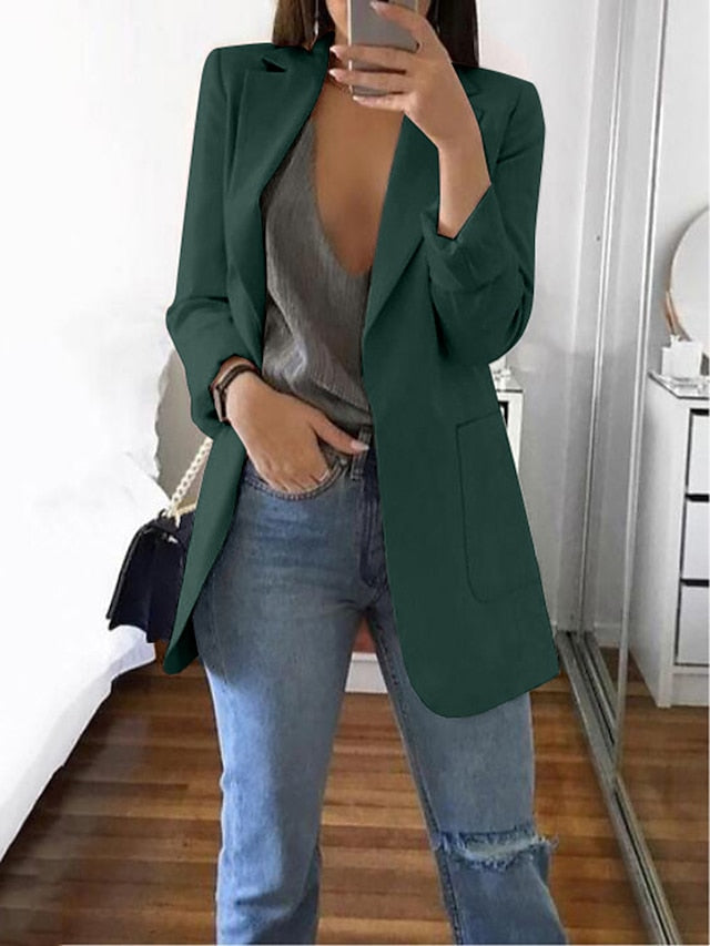 Women's Blazer Casual Pocket Clean Fit Formal Outdoor Daily Wear Polyester Spring Wine Green Black Open Front V Neck Regular Fit S M L XL XXL 3XL / Solid Color - LuckyFash™