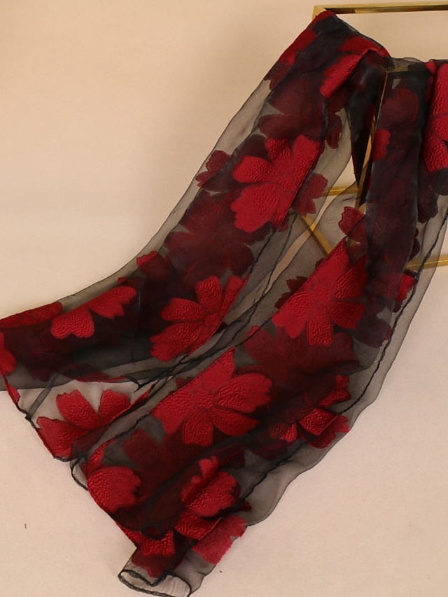 Women's Chiffon Scarf Party Red Scarf Floral Elegant & Luxurious Wedding Casual Green Fall Winter - LuckyFash™