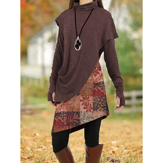 Women's Casual Dress Shift Dress Floral Leaf Patchwork Cowl Neck Mini Dress Vintage Ethnic Daily Long Sleeve Fall Winter