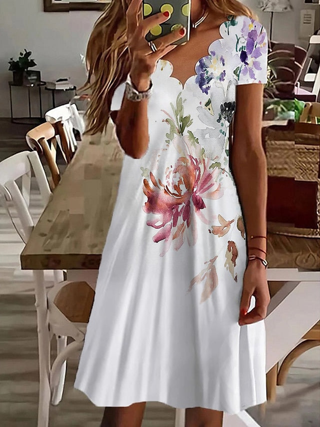 Women's Casual Dress Shift Dress Floral Dress Mini Dress White Pink Red Short Sleeve Floral Ruched Summer Spring Scalloped Neck Fashion Vacation 2023 S M L XL XXL 3XL - LuckyFash™