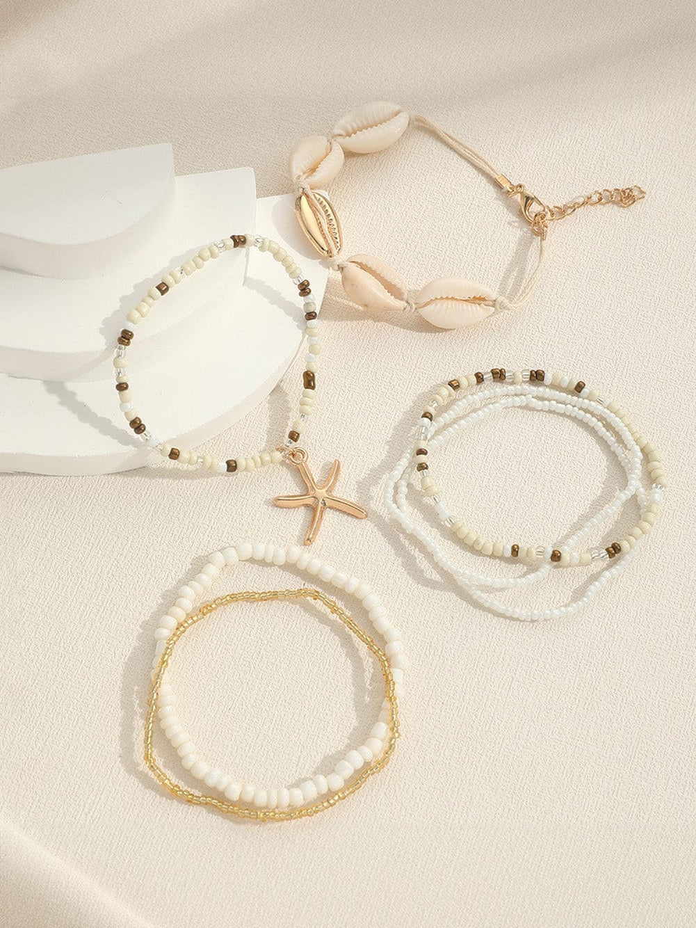 White 7pcs Bohemian Shell Starfish Beaded Bracelets