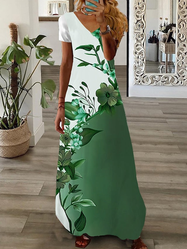 Women's Long Dress Maxi Dress Casual Dress Summer Dress Print Dress Floral Ombre Fashion Streetwear Outdoor Daily Date Print Short Sleeve V Neck Dress Regular Fit Light Green Pink Navy Blue Summer - LuckyFash™