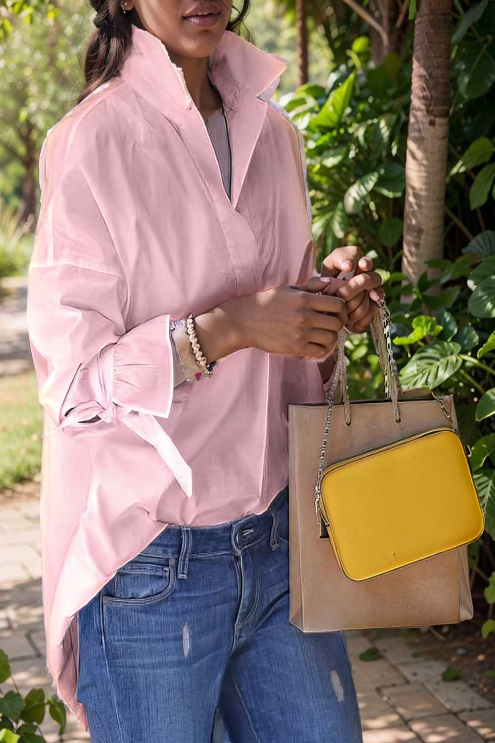 women s blouses loose solid belted long sleeve blouse 109194