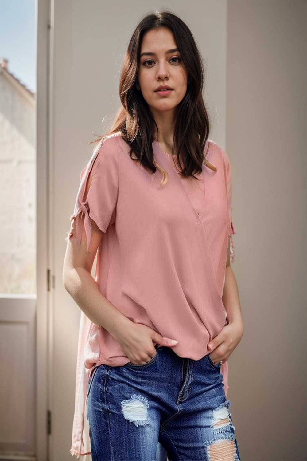 women s blouses loose solid belted long sleeve blouse 108638