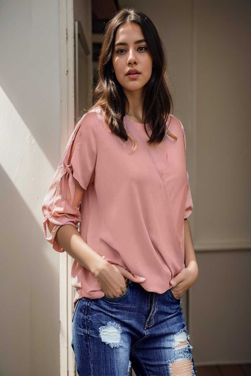 women s blouses loose solid belted long sleeve blouse 111387