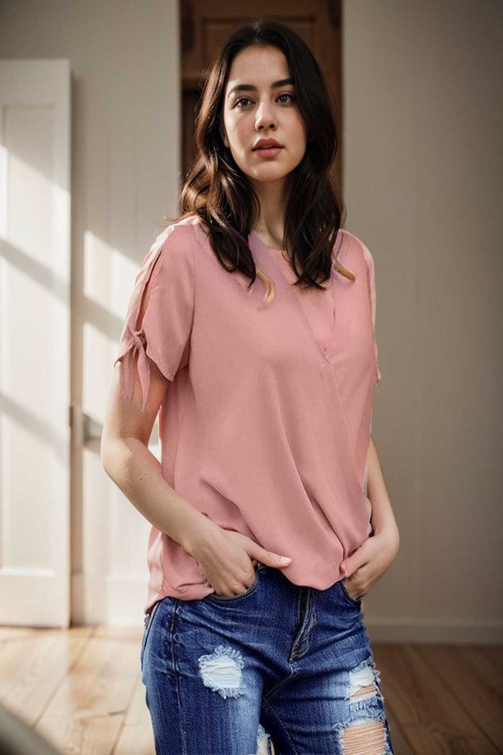 women s blouses loose solid belted long sleeve blouse 111373