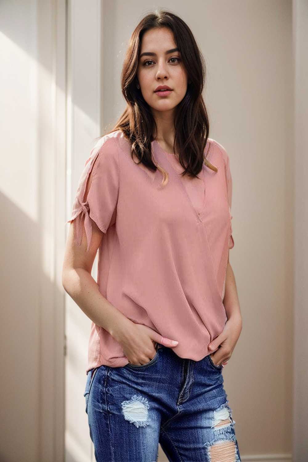 women s blouses loose solid belted long sleeve blouse 111366