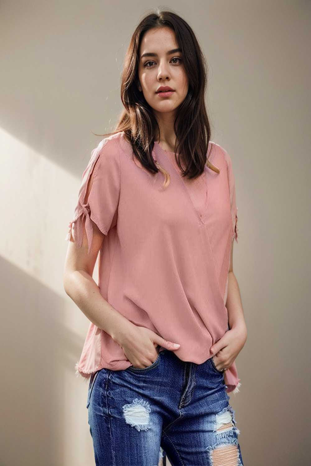 women s blouses loose solid belted long sleeve blouse 111348