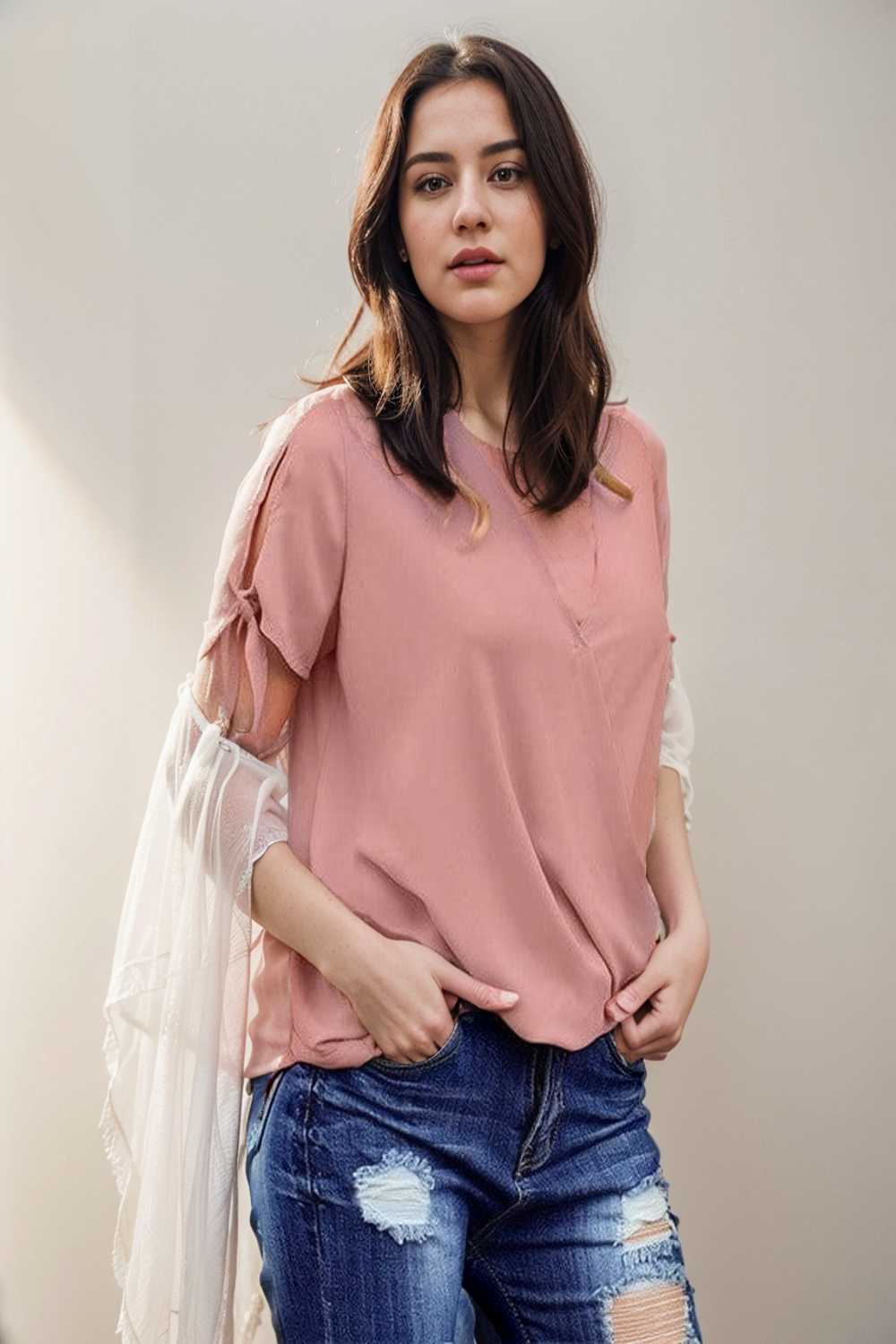 women s blouses loose solid belted long sleeve blouse 111343